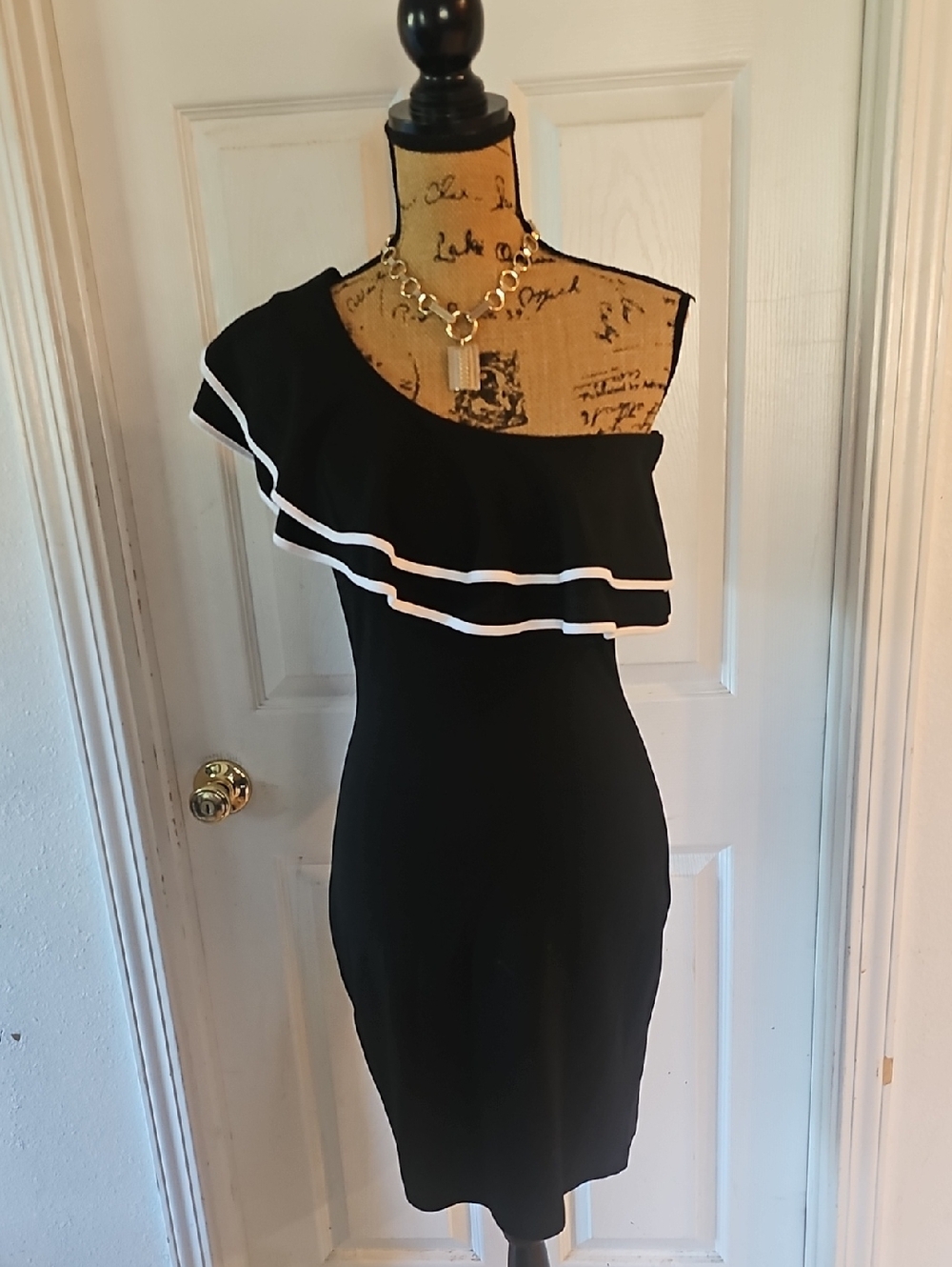 VENUS Black One-Shoulder Ruffle Dress with White Trim Accents